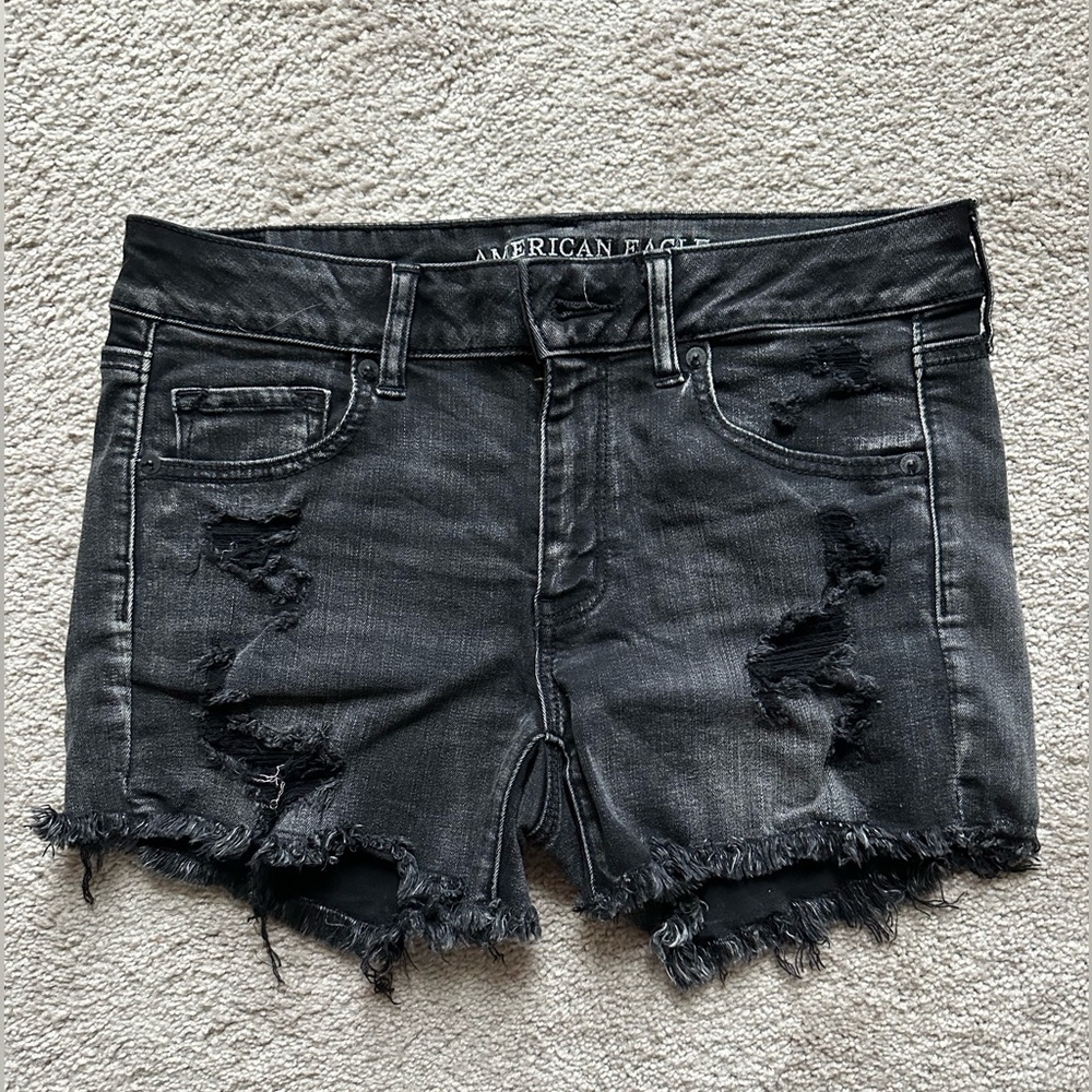 American Eagle Outfitters Super Stretch Black Ripped Jean Shorts, Size 10
